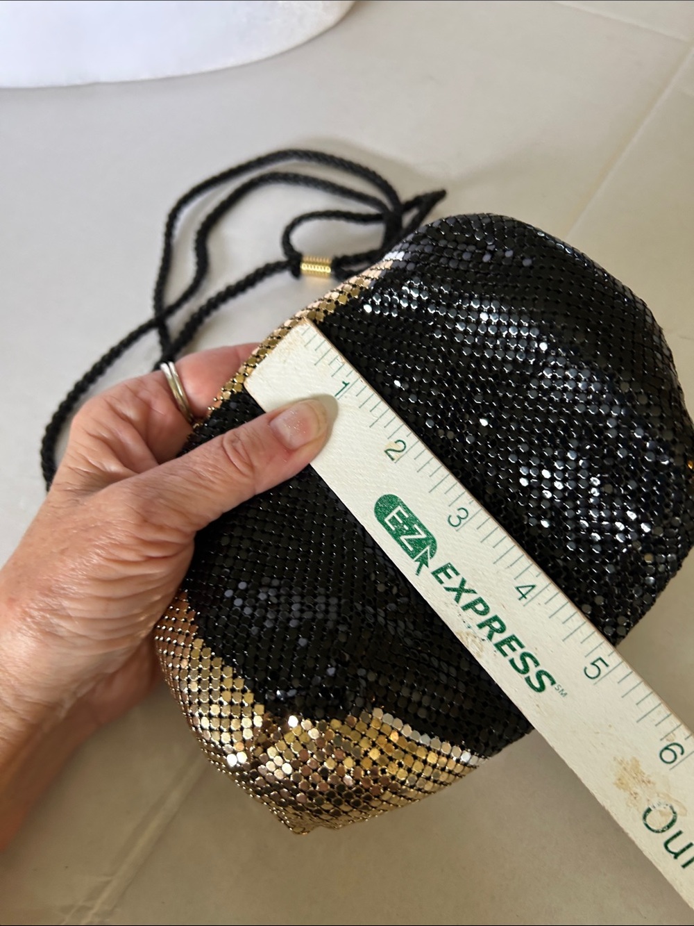 CREATIVE DESIGNS GOLD BLACK METAL MESH DRAWSTRING POUCH OR MINI BUCKET BAG - Picture 12 of 12